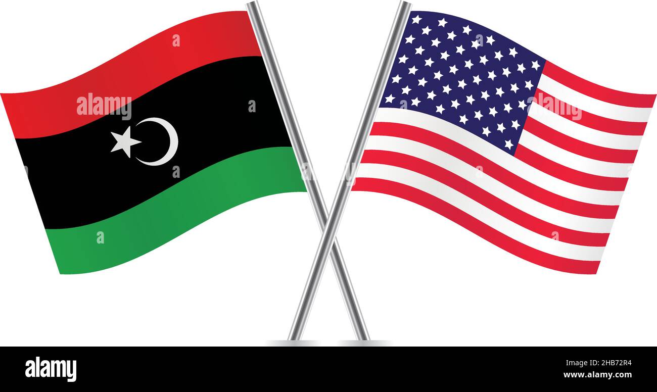 Libya and America crossed flags. Libyan and American flags on white