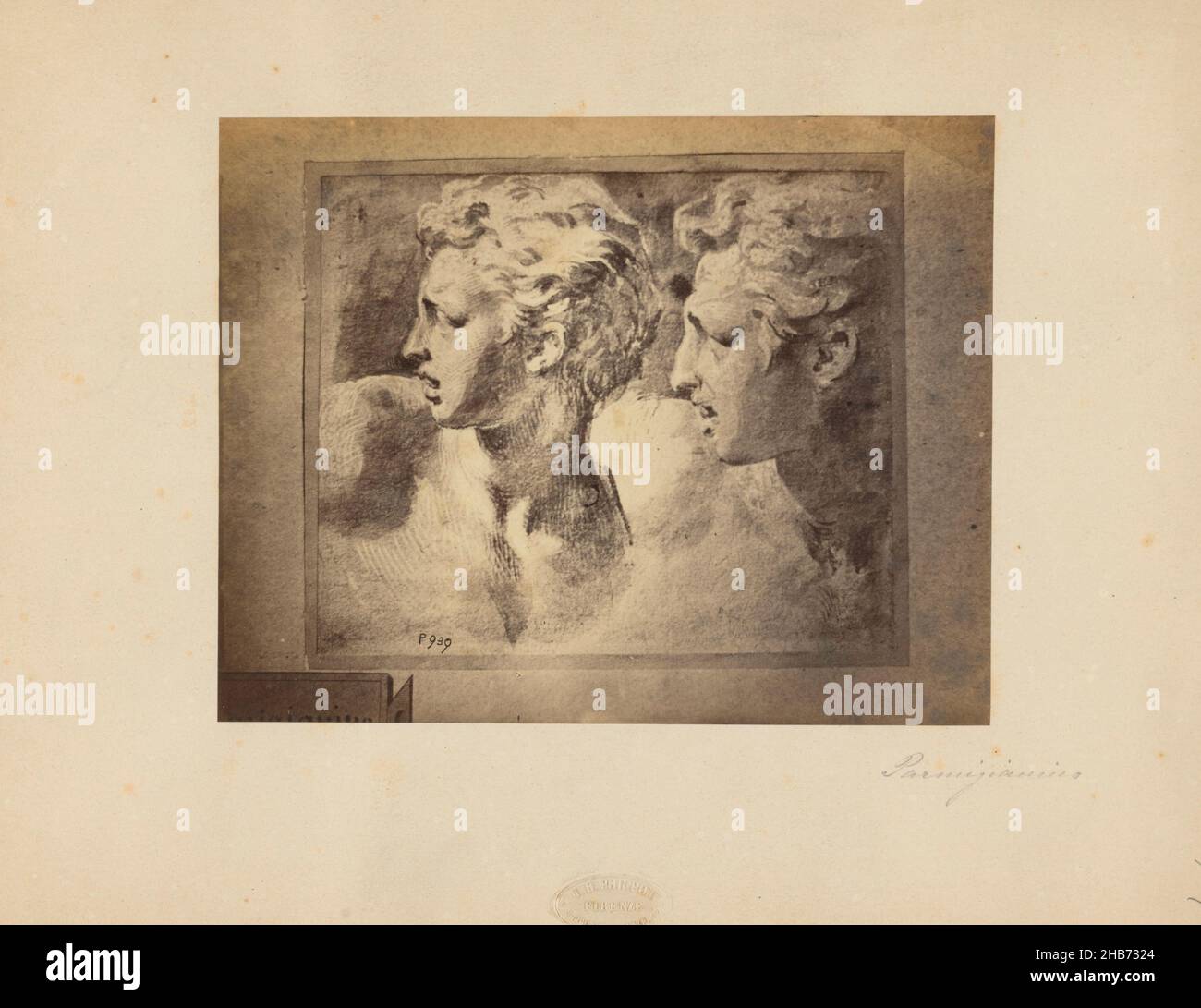 Photoreproduction of drawing of two male heads of Parmigianino, Giovanni Brampton Philpot (mentioned on object), intermediary draughtsman: Parmigianino (mentioned on object), Florence, 1851 - 1878, paper, cardboard, albumen print, height 152 mm × width 193 mmheight 246 mm × width 321 mm Stock Photo