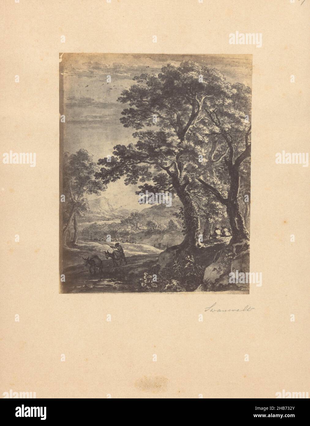 Photoreproduction of a drawing of an Italian landscape by Herman van Swanevelt, Giovanni Brampton Philpot (mentioned on object), intermediary draughtsman: Herman van Swanevelt (mentioned on object), Florence, 1851 - 1878, paper, cardboard, albumen print, height 182 mm × width 145 mmheight 326 mm × width 249 mm Stock Photo