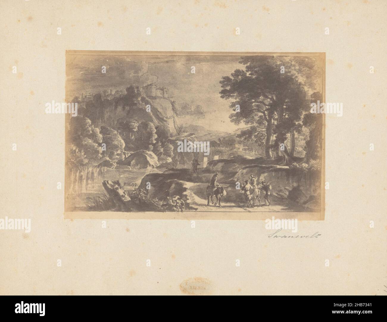 Photoreproduction of a drawing of an Italian landscape by Herman van Swanevelt, Giovanni Brampton Philpot (mentioned on object), intermediary draughtsman: Herman van Swanevelt (mentioned on object), Florence, 1851 - 1878, paper, cardboard, albumen print, height 132 mm × width 204 mmheight 249 mm × width 328 mm Stock Photo