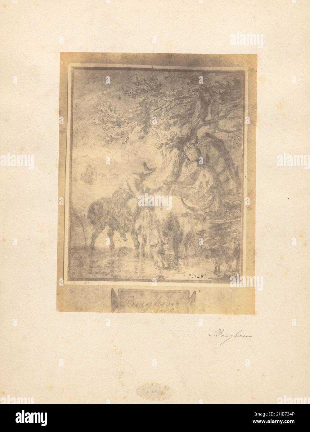 Photoreproduction of a drawing by Nicolaes Berchem, Giovanni Brampton Philpot (mentioned on object), intermediary draughtsman: Nicolaes Pietersz. Berchem (mentioned on object), Florence, 1851 - 1878, paper, cardboard, albumen print, height 193 mm × width 147 mm Stock Photo