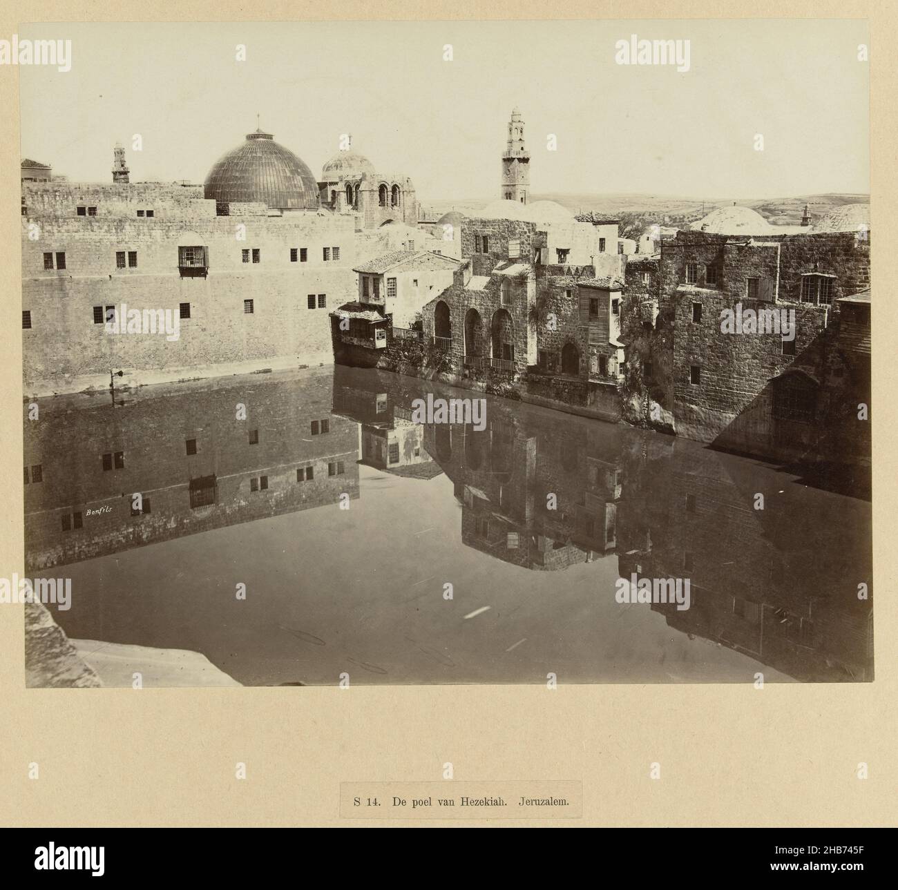 S 14. The pool of Hezekiah. Jerusalem (title on object), The pool of King Hezekiah of Judea. The photograph is part of the series of photographs from Israel, Palestine and Syria collected by Richard Polak., Bonfils (mentioned on object), Israël, c. 1895 - c. 1915, photographic support, paper, albumen print, height 215 mm × width 272 mmheight 466 mm × width 555 mm Stock Photo