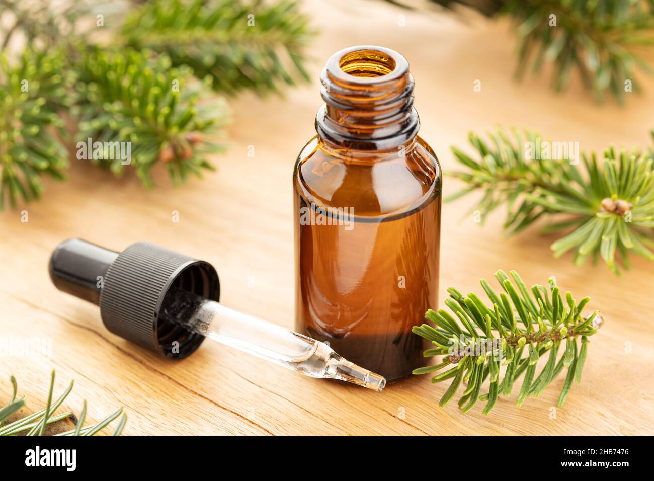 Fir essential oil in bottle still life. Herbal remedies Stock Photo