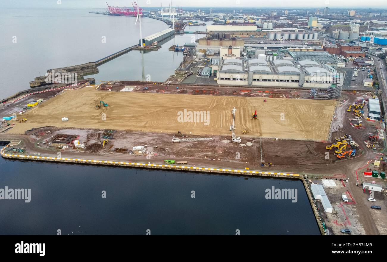 An aerial view of construction work at the site of Everton football club's new stadium being built at Bramley-Moore Dock. Picture date: Friday December 17, 2021. Stock Photo