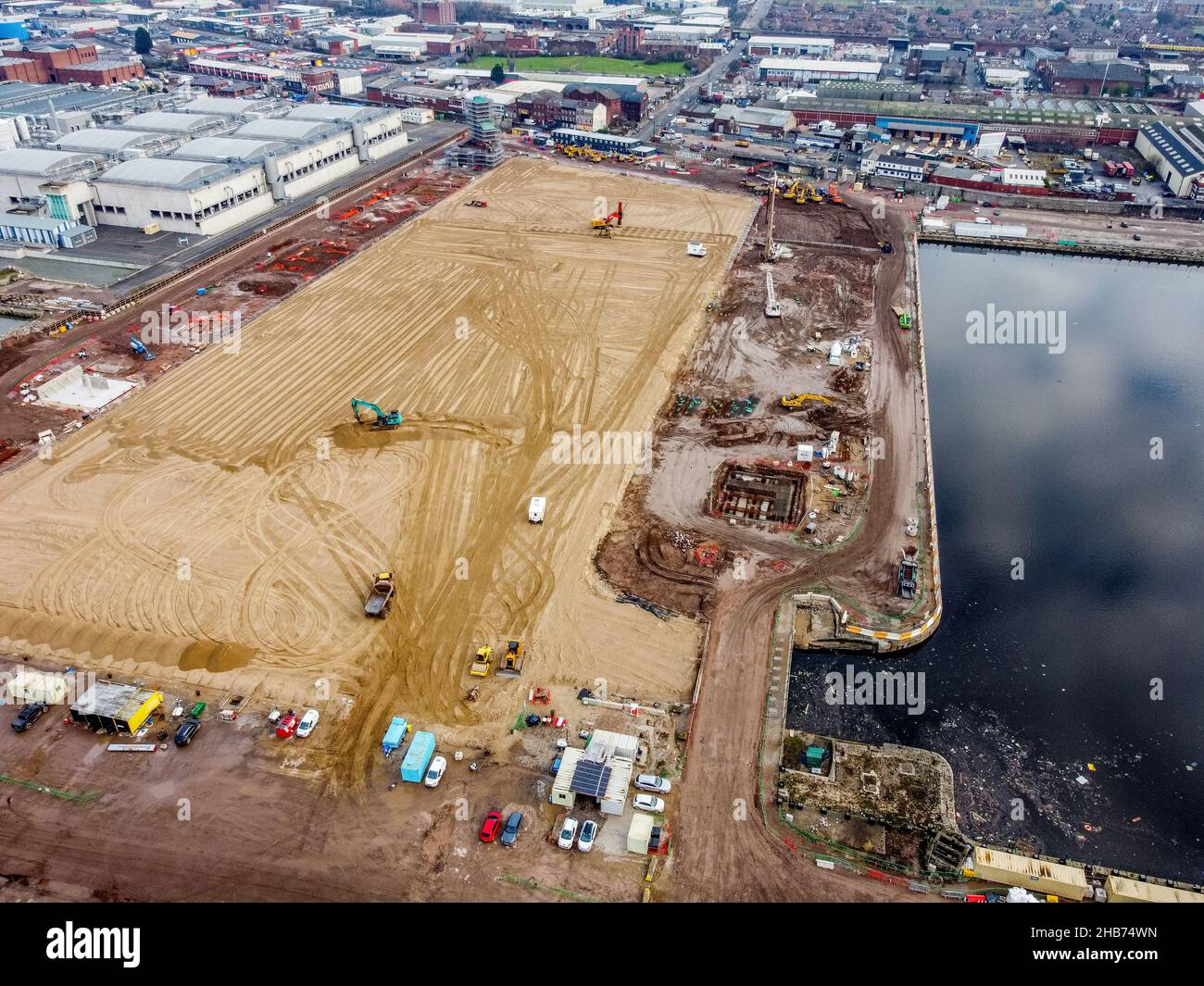 An aerial view of construction work at the site of Everton football club's new stadium being built at Bramley-Moore Dock. Picture date: Friday December 17, 2021. Stock Photo
