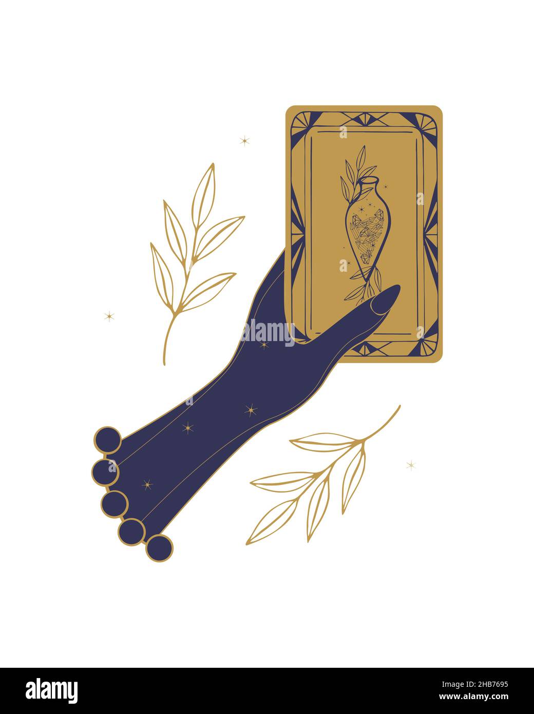 Tarot card hand of female fortune teller. Vector illustration of tarot in vintage style with mystical symbols, concept of witchcraft. Isolated, white background. Vector illustration Stock Vector