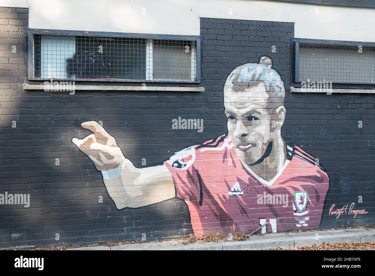 Gareth,Bale,Gareth Bale,painting,on,wall,of,changing rooms  at,Pontcanna,Cardiff.A special mural was created in 2016,in his home city  to remember the historic moment of Wales qualifying for the Euros for the  first time in 58 years and, image size:1300x956
