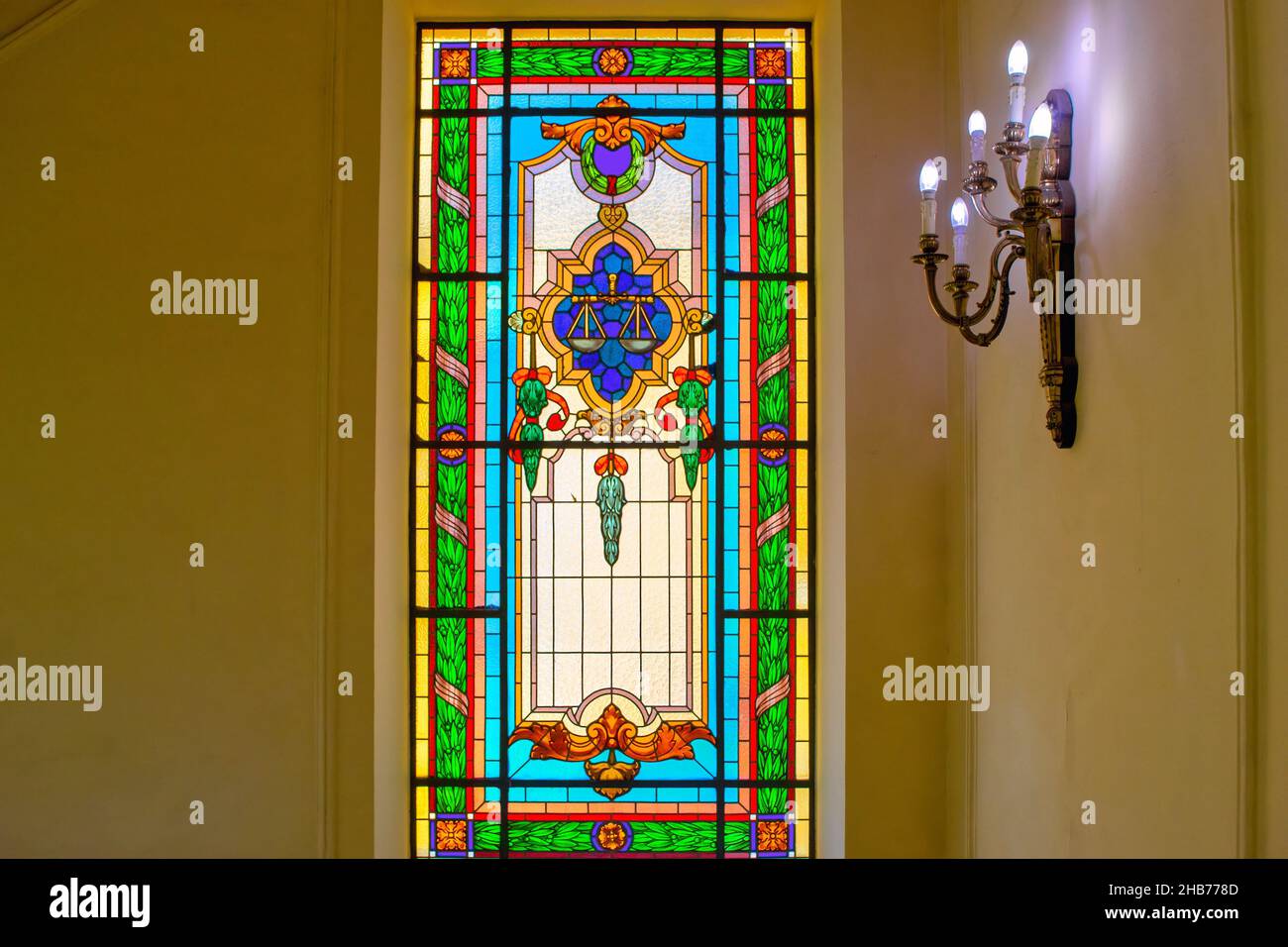 Beautiful stained glass window inside of the Federal Justice Cultural Center. Dec. 17, 2021 Stock Photo