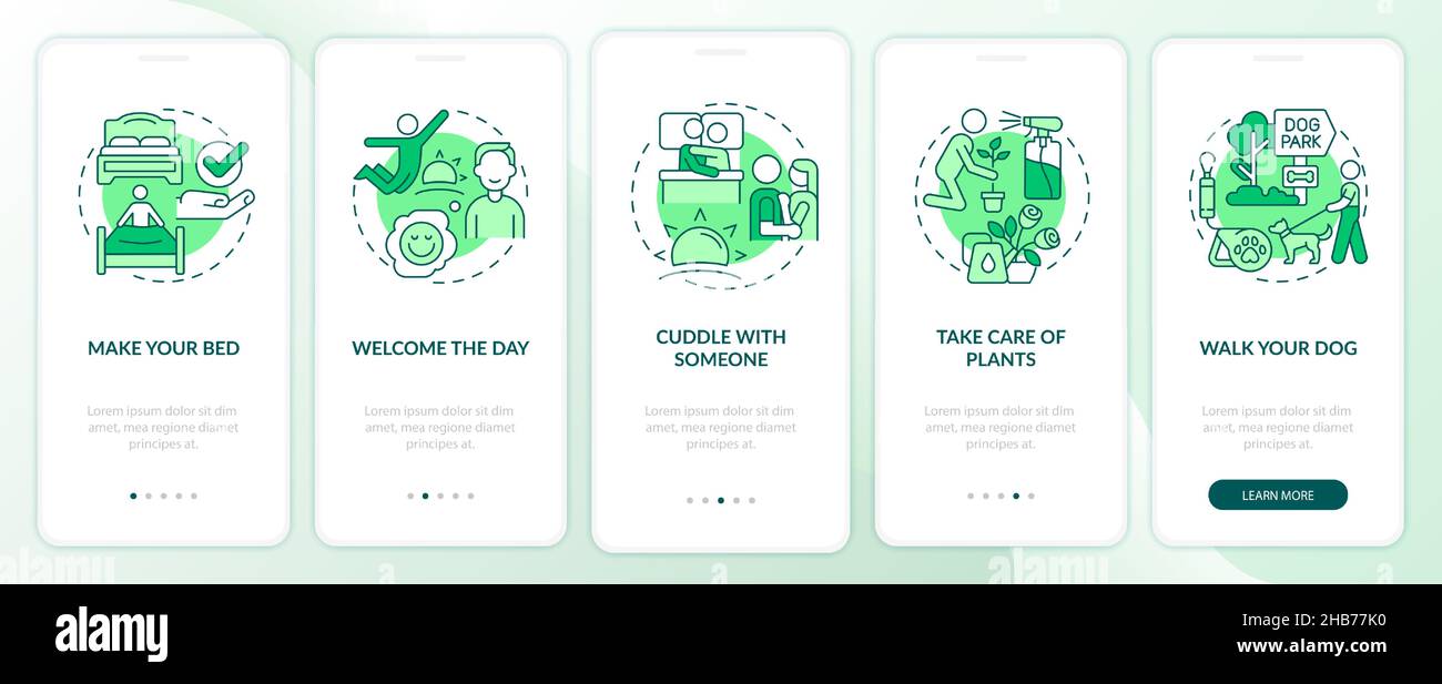 Everyday routine tips green onboarding mobile app screen Stock Vector ...