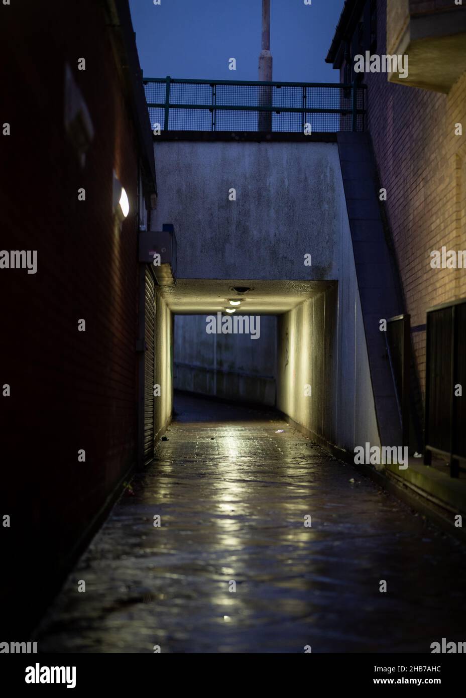 Dark creepy underpass at night with eerie lighting and wet floor.  Passage way with no people, night time grungy scary passageway. Stock Photo