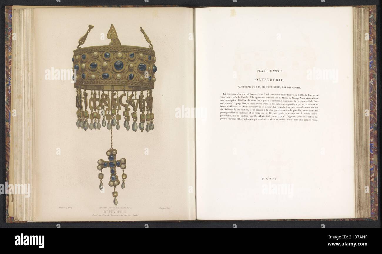 Votive crown of King Recceswinth, Couronne d'or de Recceswinthe roi des Goths, Orfévrerie (series title), print maker: Régamey, (mentioned on object), Berthier, (mentioned on object), Paris, c. 1859 - in or before 1864, paper, height 273 mm × width 128 mm Stock Photo