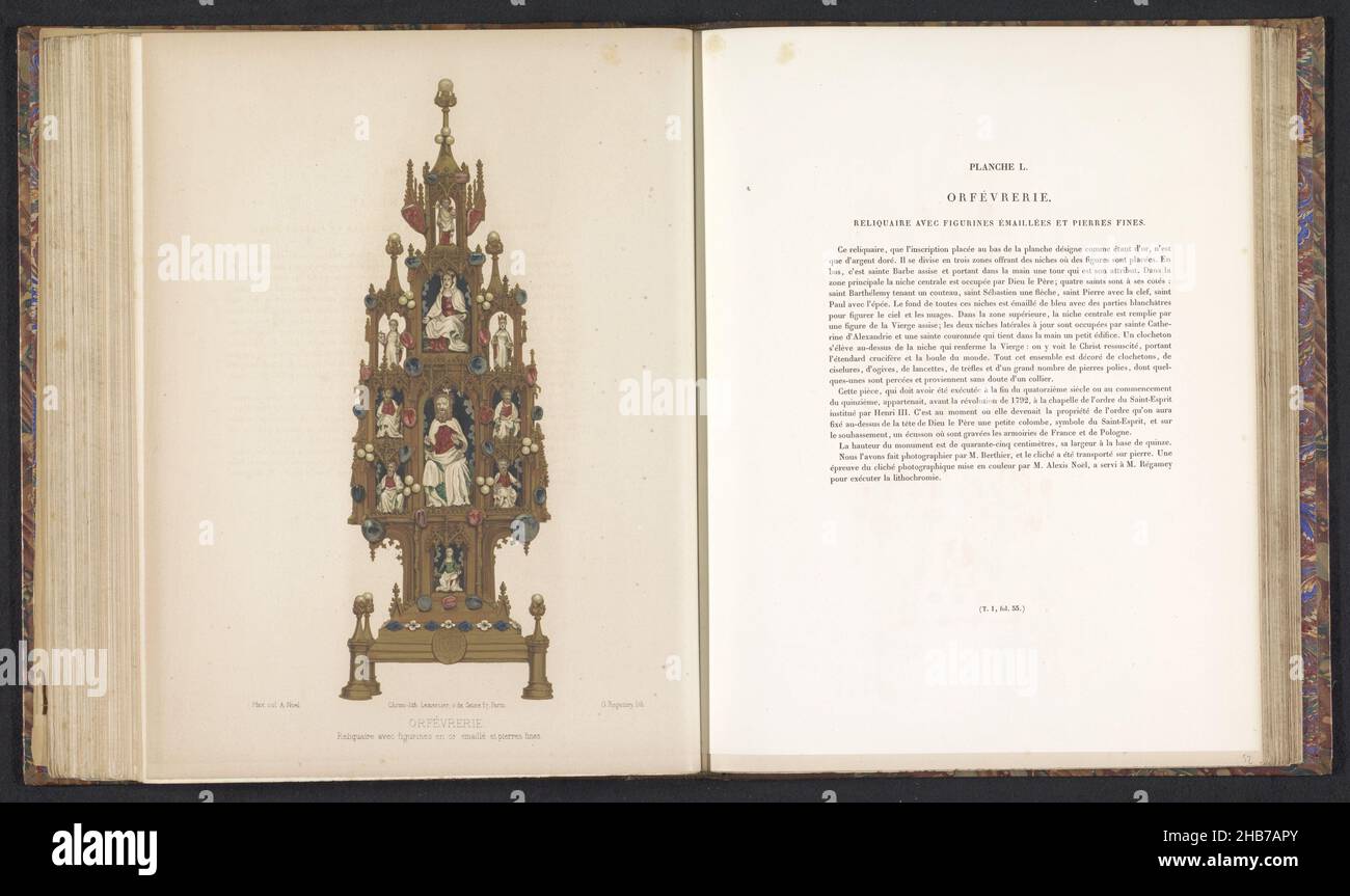 Reliquary with gilded figures, Reliquaire avec figurines en or émaillé et pierres fines, Orfévrerie (series title), print maker: Régamey, (mentioned on object), Berthier, (mentioned on object), Paris, c. 1859 - in or before 1864, paper, height 265 mm × width 86 mm Stock Photo