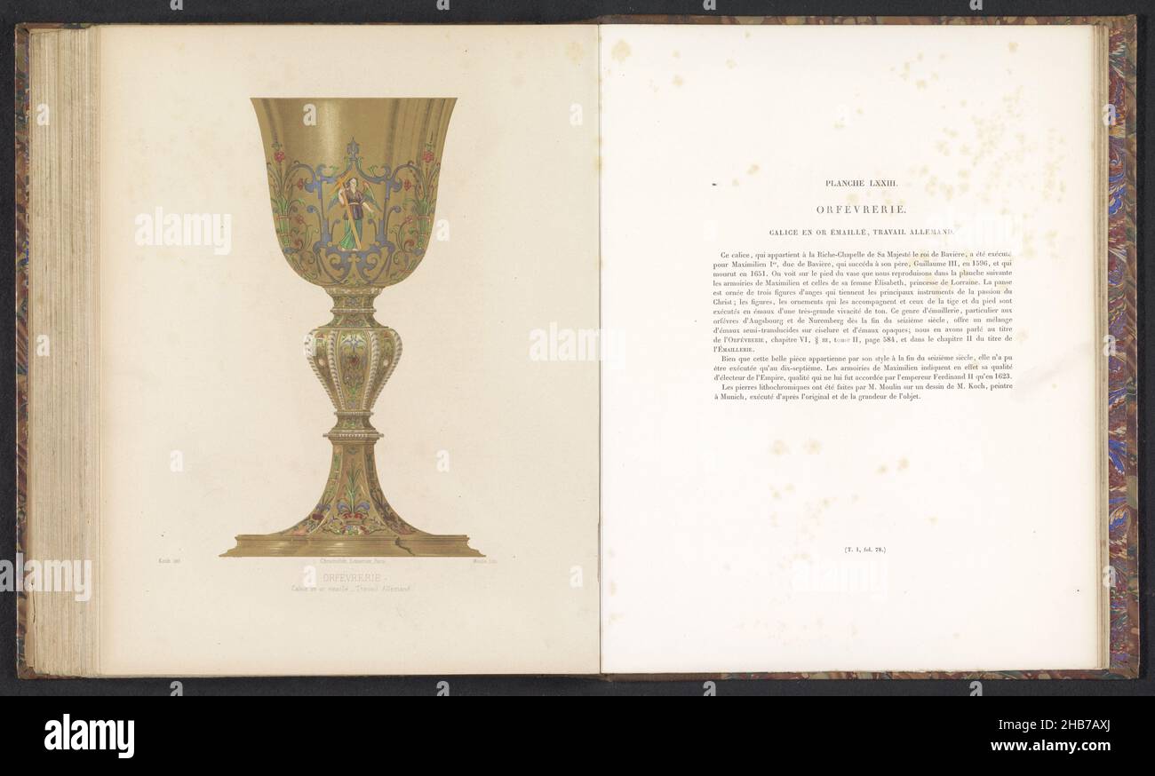 Golden chalice, Calice en or émaillé - Travail Allemand, Orfévrerie (series title), print maker: Moulin, (mentioned on object), intermediary draughtsman: J.C. Koch, (mentioned on object), Paris, c. 1859 - in or before 1864, paper, height 224 mm × width 130 mm Stock Photo