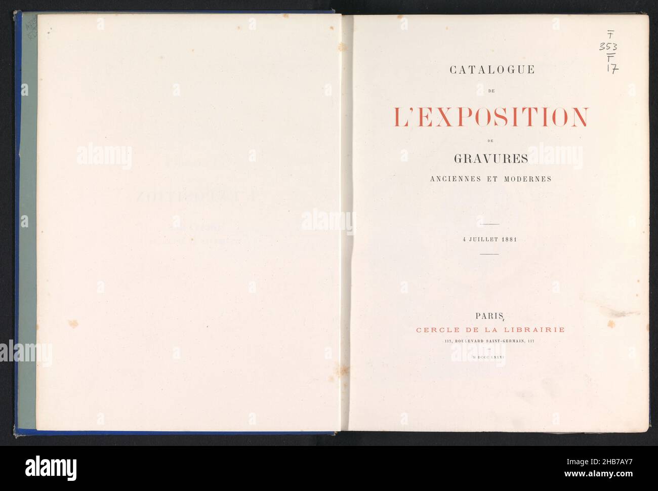 Catalogue de l'exposition de gravures anciennes et modernes, publisher: Cercle de la librairie, (mentioned on object), Paris, 1881, cardboard, paper, printing, collotype, engraving, collotype, height 324 mm × width 251 mm × thickness 40 mm Stock Photo