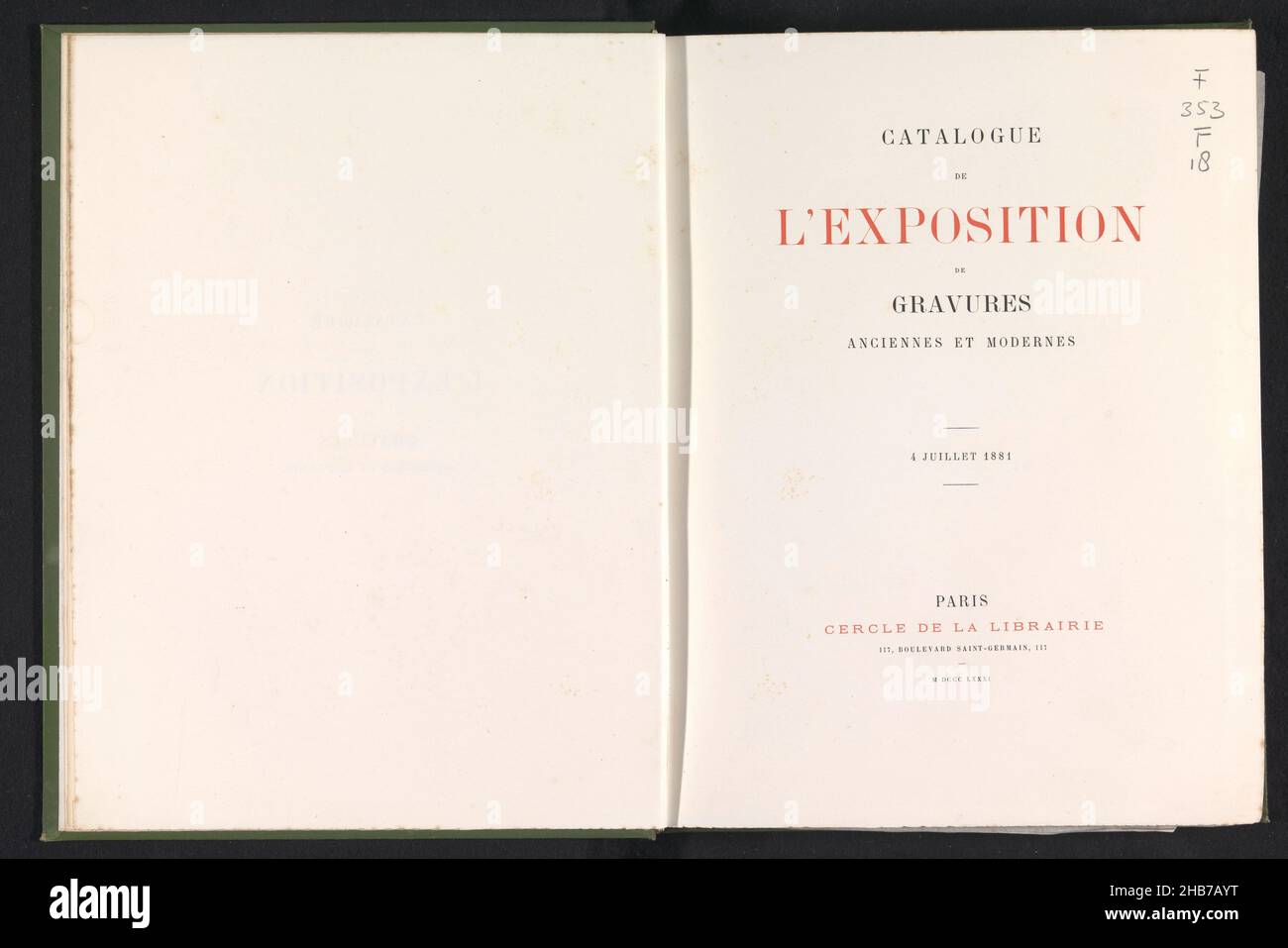 Catalogue de l'exposition de gravures anciennes et modernes, publisher: Cercle de la librairie, (mentioned on object), Paris, 1881, cardboard, paper, printing, collotype, engraving, collotype, height 330 mm × width 261 mm × thickness 40 mm Stock Photo