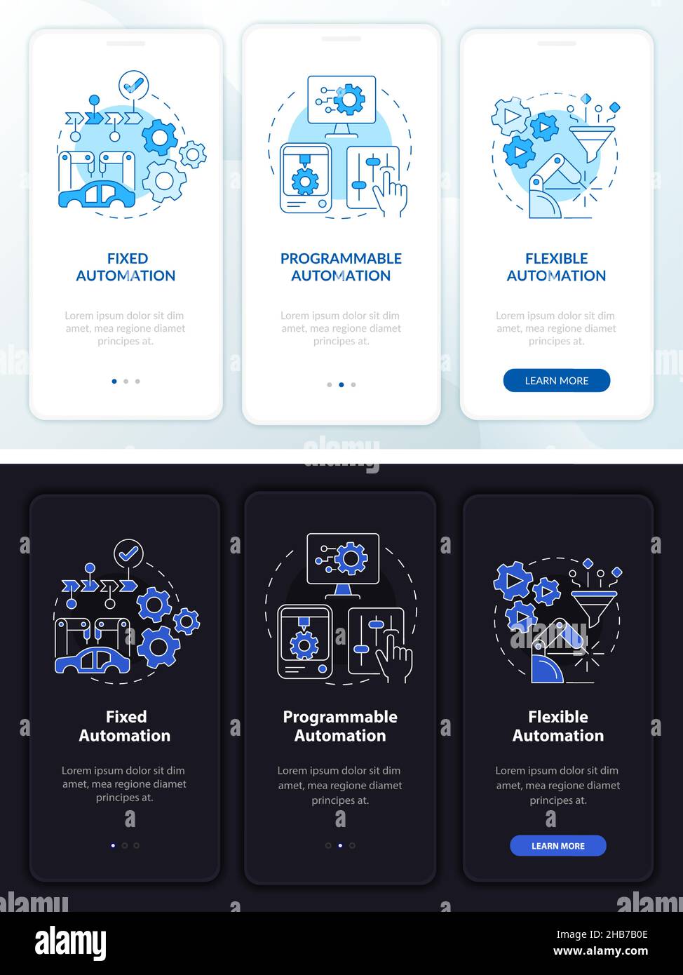 Automation types night and day mode onboarding mobile app screen Stock Vector