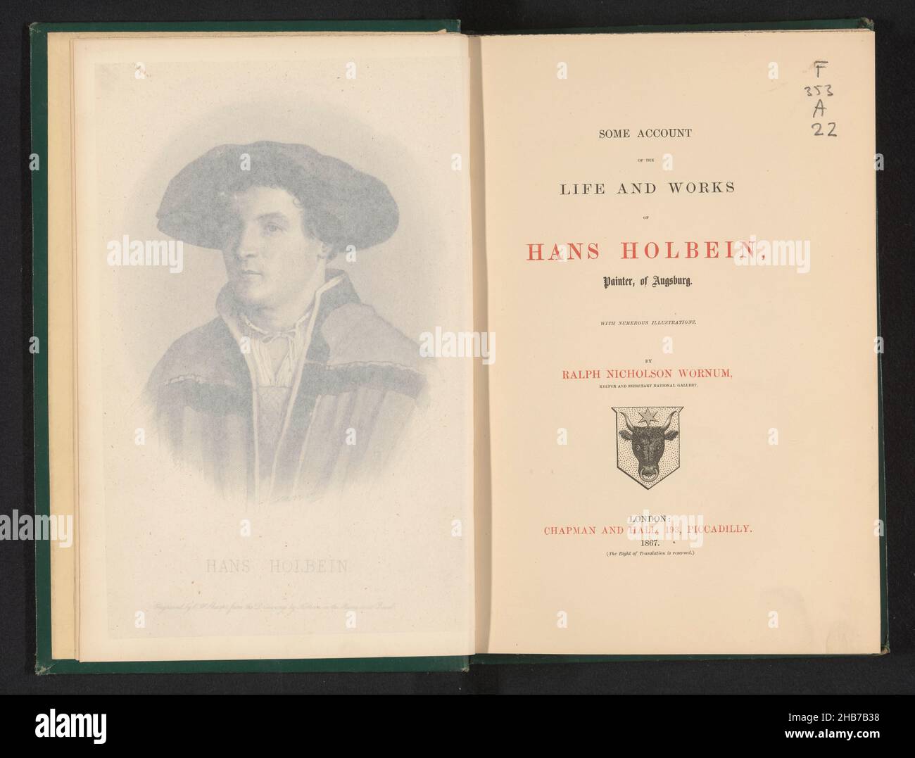 Some account of the life and work of Hans Holbein, painter, of Augsburg, Ralph Nicholson Wornum, (mentioned on object), publisher: Chapman & Hall, (mentioned on object), London, 1867, paper, cardboard, printing, albumen print, engraving, height 282 mm × width 192 mm × thickness 43 mm Stock Photo