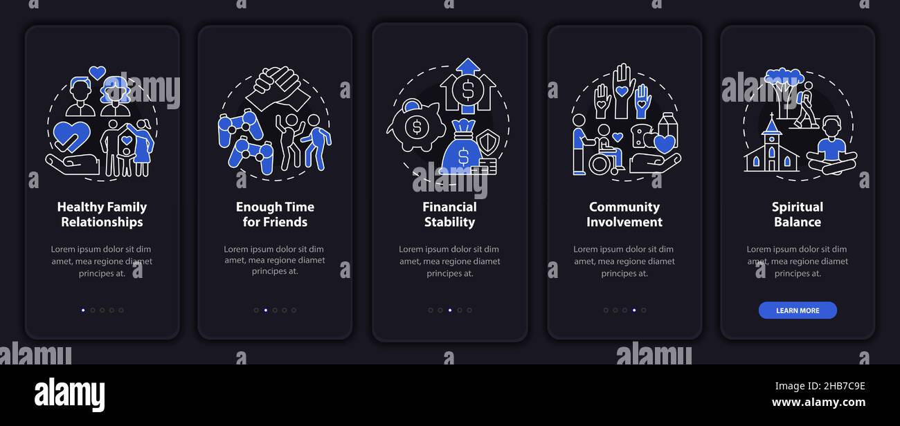 Signs of balanced life night mode onboarding mobile app screen Stock ...