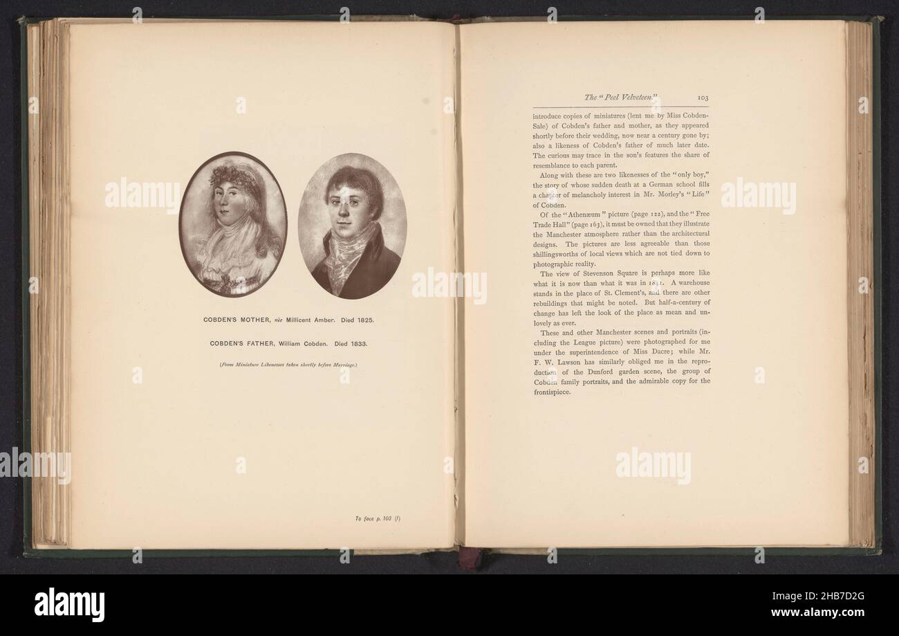 Two photo reproductions of a portrait of Richard Cobden's father and mother, Cobden's mother, nèe Millicent Amber, Died 1825. Cobden's father, William Cobden, Died 1833 (title on object), maker: anonymous, anonymous, c. 1881 - in or before 1891, paper, height 252 mm × width 190 mm Stock Photo