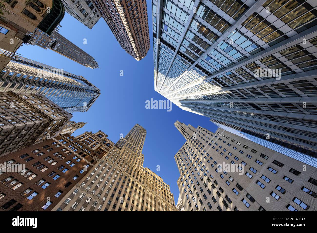 Looking up at 40 Wall Street, 70 Pine Street and surrounding buildings