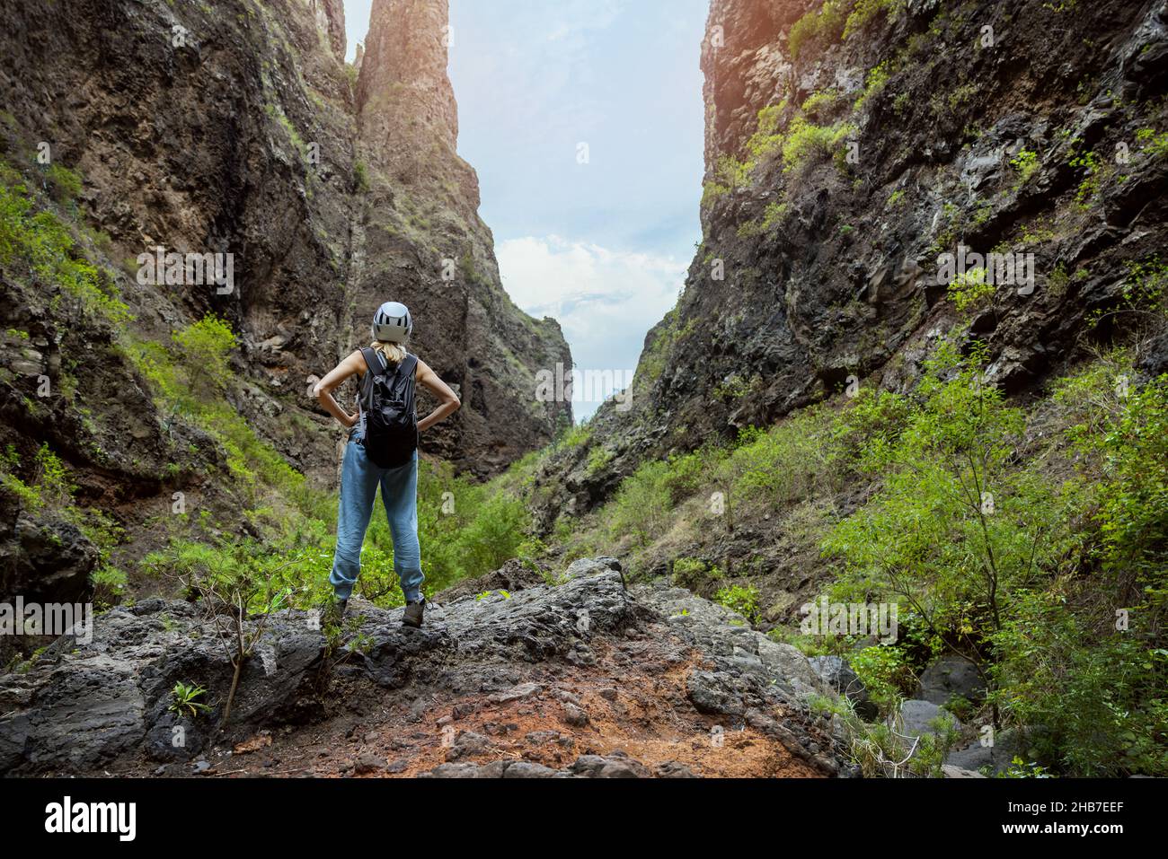 woman on Barranco del Infierno trail in Tenerife. Canary Islands Stock Photo