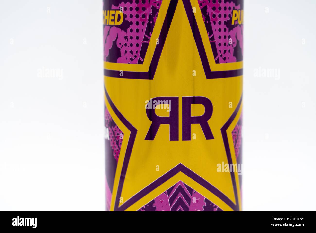 Barcelona, Spain - 12.17.2021: Rockstar energy drink aluminium can isolated on light background Stock Photo