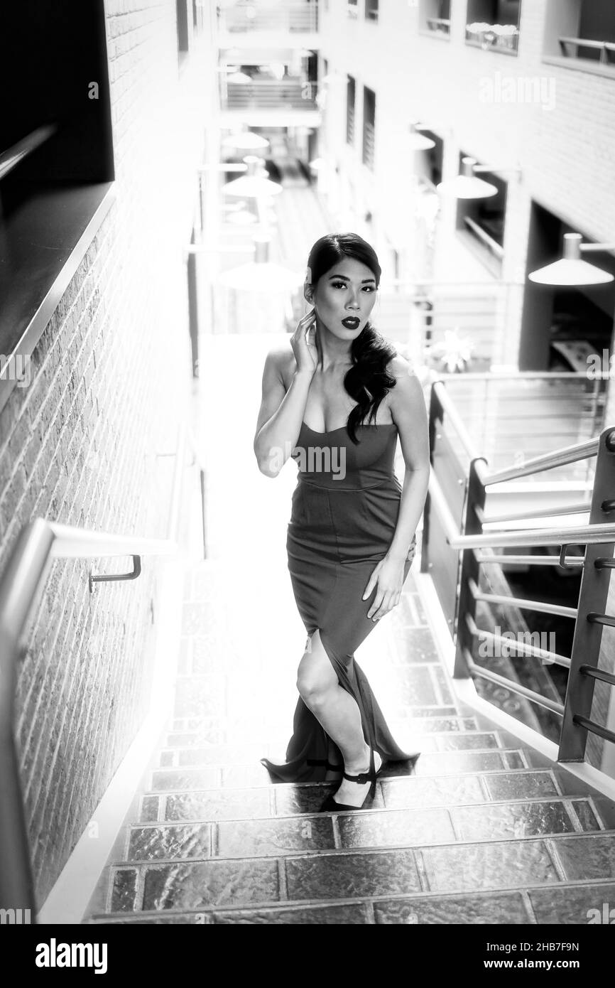 Grayscale shot of a beautiful East Asian woman with a dress posing on the stairs Stock Photo