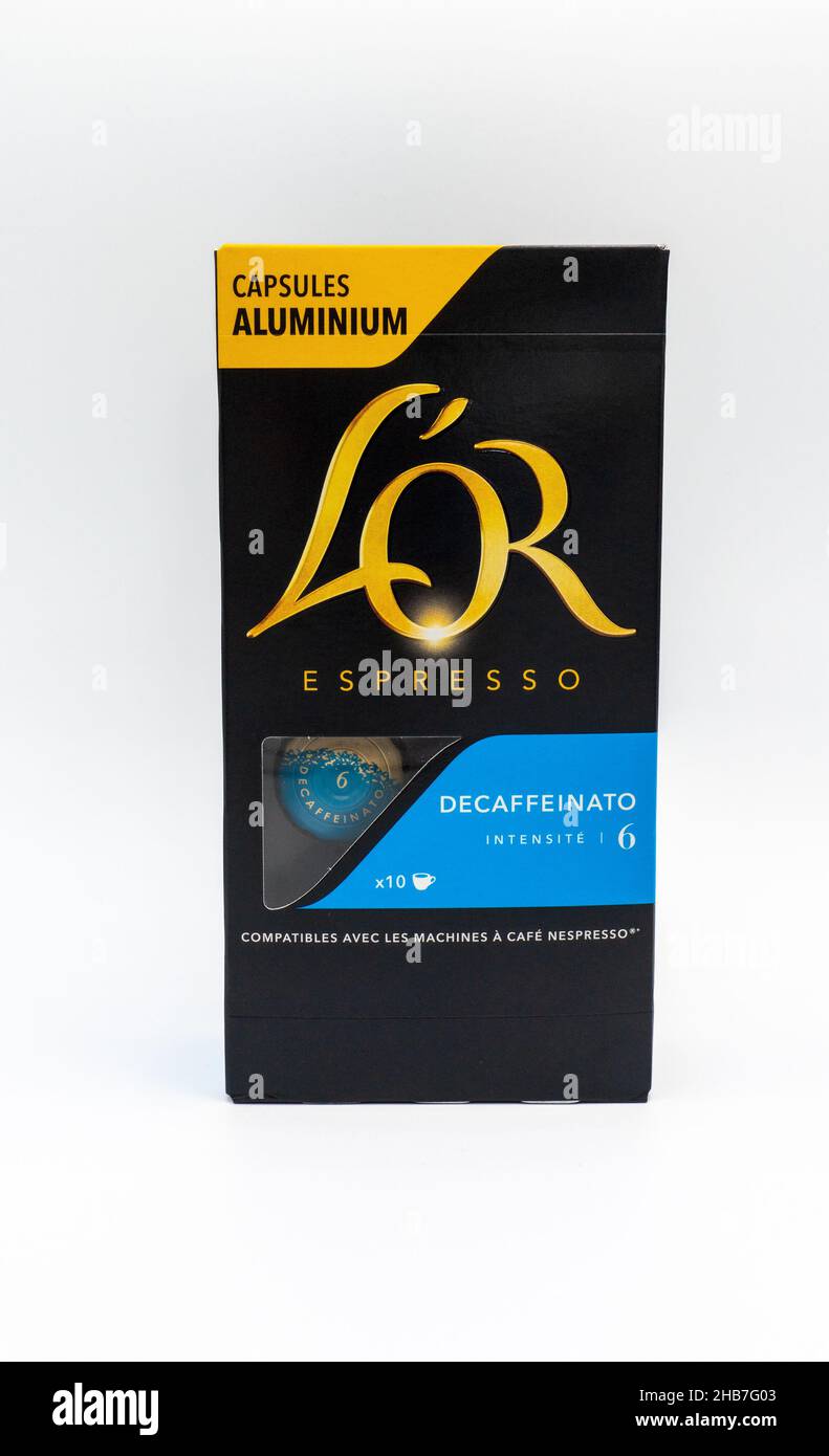 Lloret de Mar, Spain - 12.17.2021: philips l'or capsules for Barista brand coffee machine in box Stock Photo