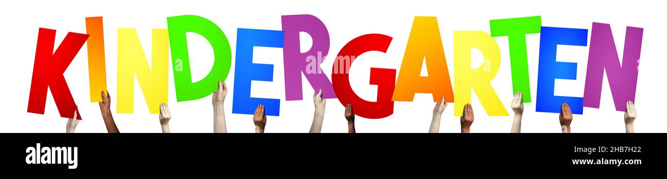 Kindergarten - human hands holding colorful letters Stock Photo - Alamy