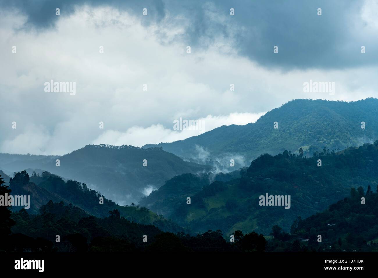 Rainy weather over the Andes mountains in the evening, Armenia region