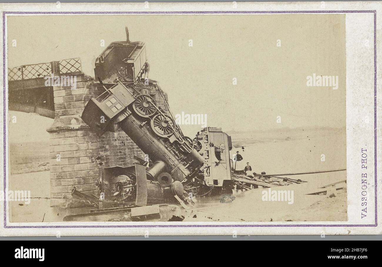 German locomotive on the bridge at Le Theux, shot to pieces during the Franco-German war of 1870-71, Louis Eugène Vassogne, (mentioned on object), Le Theux, 1870, paper, cardboard, albumen print, height 56 mm × width 90 mm, height 86 mm × width 105 mm Stock Photo