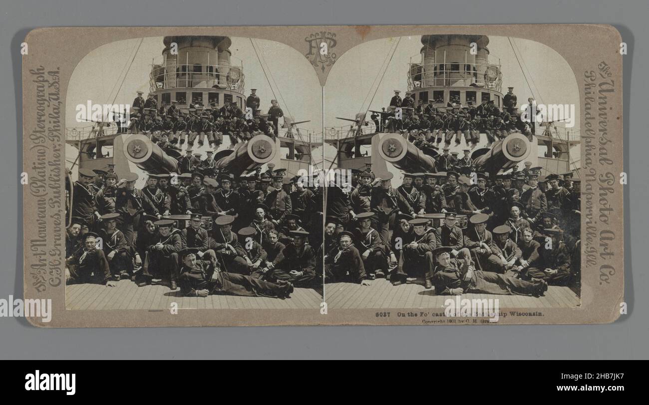 Crew of the USS Wisconsin on the deck, On the Fo' castle of the Battleship Wisconsin, anonymous, publisher: Universal Photo Art Company, (mentioned on object), Philadelphia, 1901, photographic support, cardboard, height 89 mm × width 178 mm Stock Photo