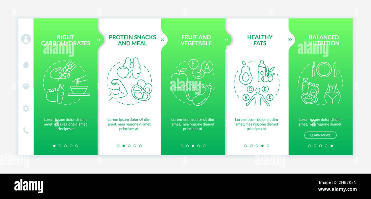 Right food for exercises green gradient onboarding template Stock Vector