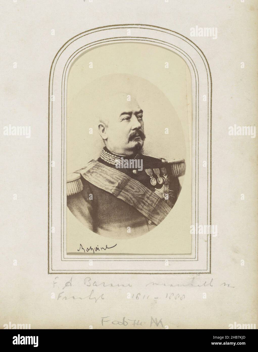 Photoreproduction of (presumably) a signed portrait of François Achille Bazaine, French marshal and general, Bazaine (title on object), Part of Photo Album with 123 cartes-de-visite of members of European royal houses, politicians and well-known persons., anonymous, intermediary draughtsman: anonymous, c. 1860 - c. 1880, cardboard, paper, albumen print, height 94 mm × width 57 mmheight 103 mm × width 62 mm Stock Photo