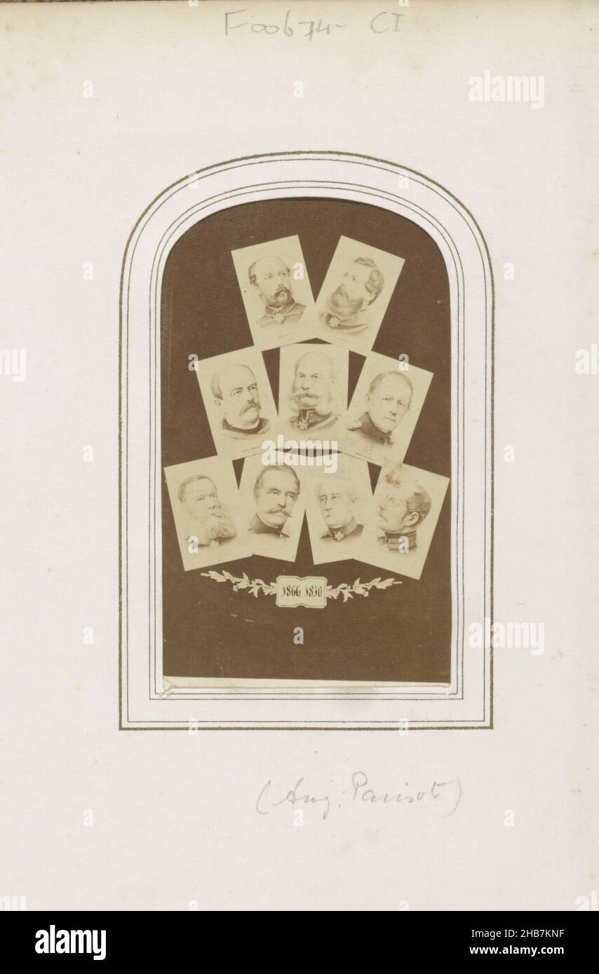 Photo collage of 9 miniature portraits of German princes, soldiers and politicians from the period 1830-1866, including Otto von Bismarck, Part of Photo Album with 123 cartes-de-visite of members of European royal houses, politicians and well-known persons., Aug. Parisot, c. 1870, cardboard, paper, albumen print, height 88 mm × width 54 mmheight 102 mm × width 60 mm Stock Photo