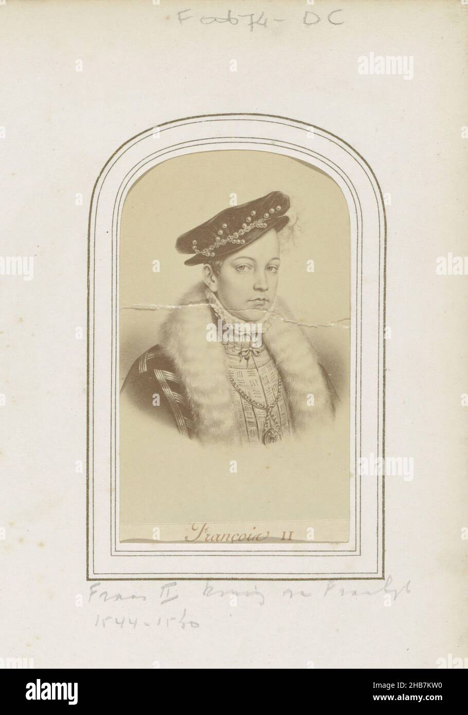 Photoreproduction of (presumably) a print of Francis II, King of France, François II (title on object), Part of Photo Album with 123 cartes-de-visite of members of European royal houses, politicians and well-known persons., Étienne Neurdein (attributed to), anonymous, c. 1863 - c. 1880, cardboard, paper, albumen print, height 88 mm × width 51 mm Stock Photo