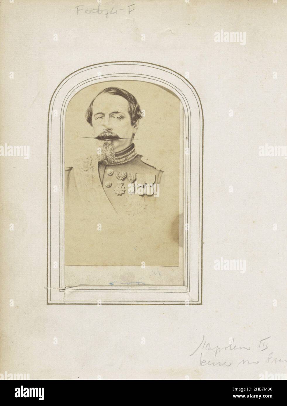 Portrait of Napoleon III Bonaparte, Emperor of France, Part of Photo album with 123 cartes-de-visite of members of European royal houses, politicians and well-known persons., anonymous, 1855 - 1871, cardboard, paper, albumen print, height 88 mm × width 51 mm Stock Photo