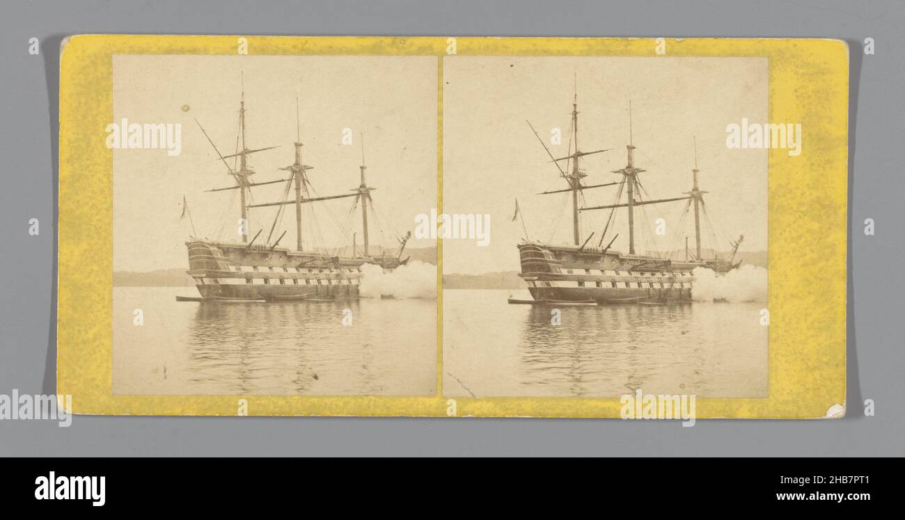 Three-master HMS Cambridge fires a practice shot at the Hamoaze, H.M.S. Cambridge, in Hamoaze, Great-Gun Practice (title on object), George Washington Wilson (mentioned on object), Hamoaze, in or after 1869 - c. 1880, cardboard, albumen print, height 85 mm × width 170 mm Stock Photo