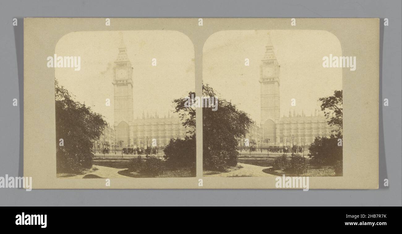 View of Big Ben and the Palace of Westminster in London, New Houses of Parliament: The Clock Tower (title on object), Views of London (series title on object), anonymous, London, c. 1850 - c. 1880, cardboard, albumen print, height 85 mm × width 170 mm Stock Photo