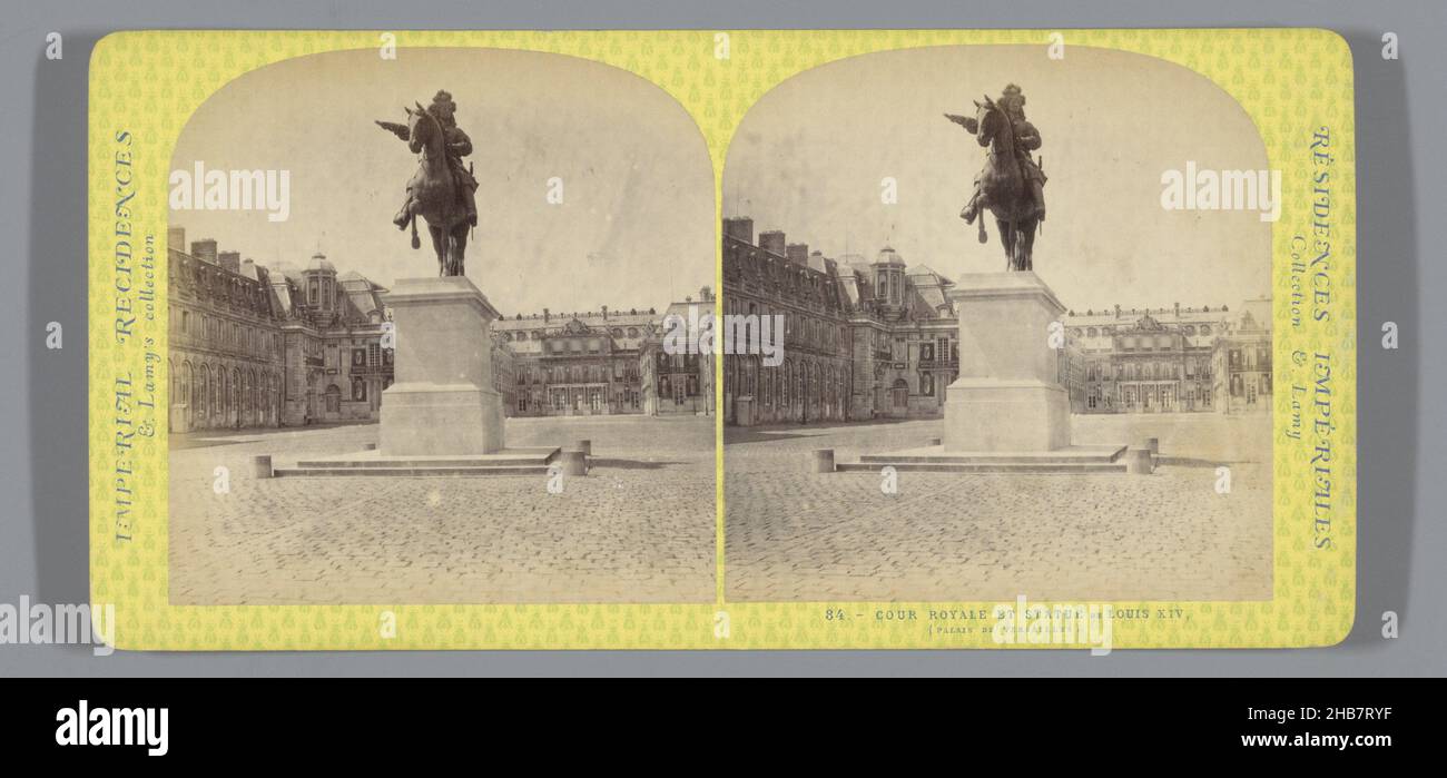 Equestrian statue of King Louis XIV of France in the courtyard of the Palace of Versailles, Cour Royale et Statue de Louis XIV (title on object), Imperial Residences (series title), Ernest Eléonor Pierre Lamy (mentioned on object), Versailles, c. 1860 - c. 1880, cardboard, albumen print, height 85 mm × width 170 mm Stock Photo