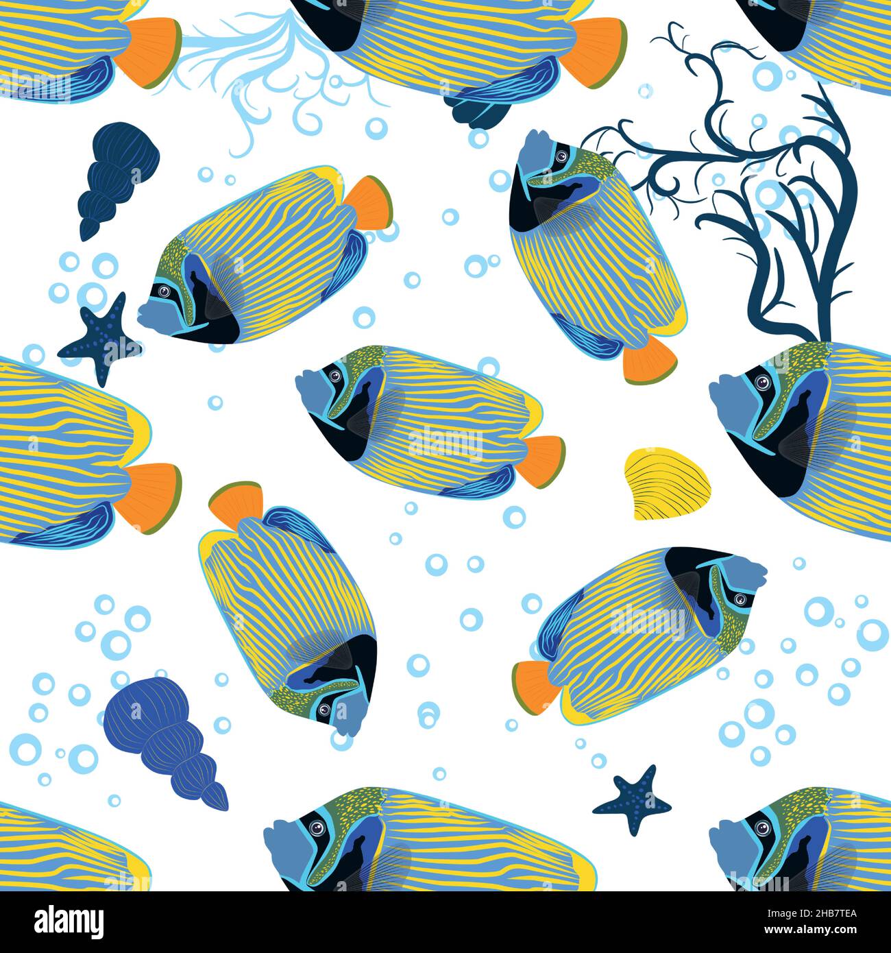 Emperor angelfish, Pomacanthus imperator seamless patterns, sea animal wildlife character. Nature underwater, marine wild ocean zoo fish Stock Vector