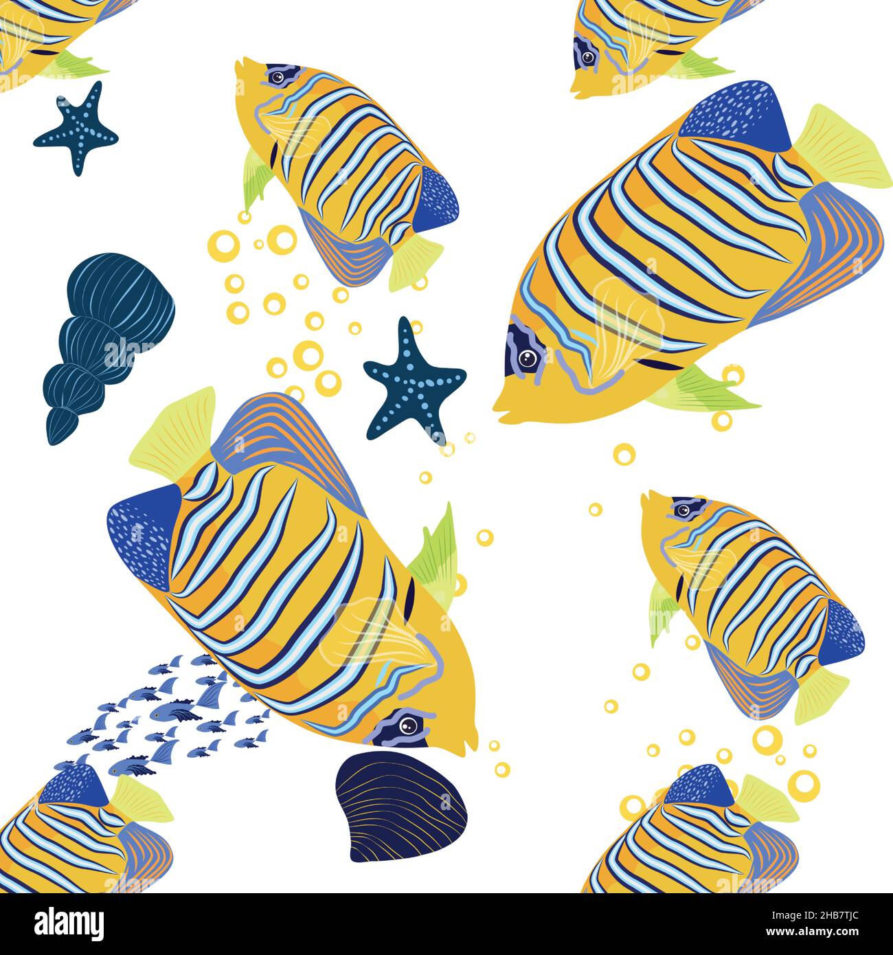 Emperor angelfish, Pomacanthus imperator seamless patterns, sea animal wildlife character. Nature underwater, marine wild ocean zoo fish Stock Vector