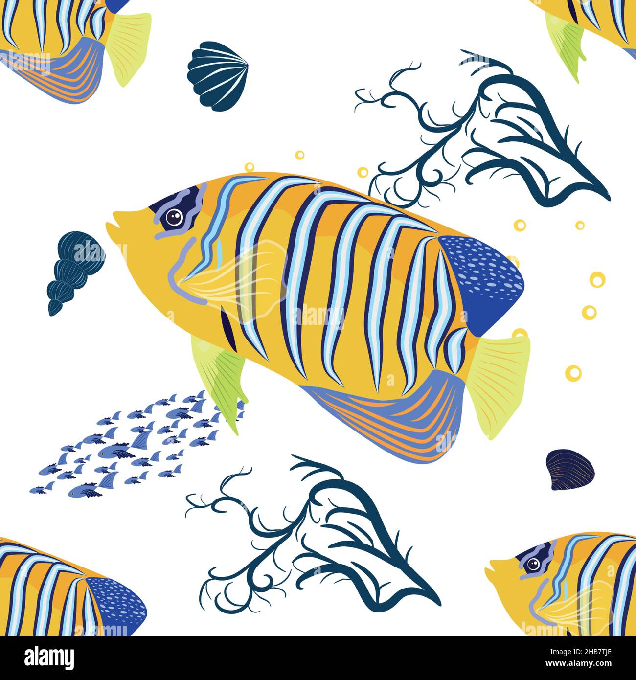 Emperor angelfish, Pomacanthus imperator seamless patterns, sea animal wildlife character. Nature underwater, marine wild ocean zoo fish Stock Vector