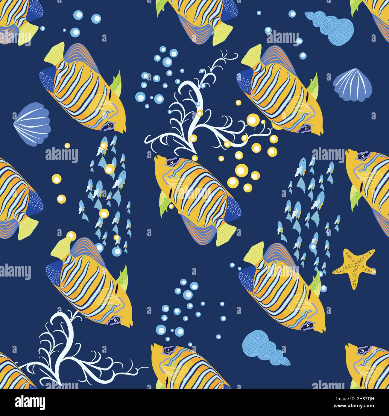 Emperor angelfish, Pomacanthus imperator seamless patterns, sea animal ...