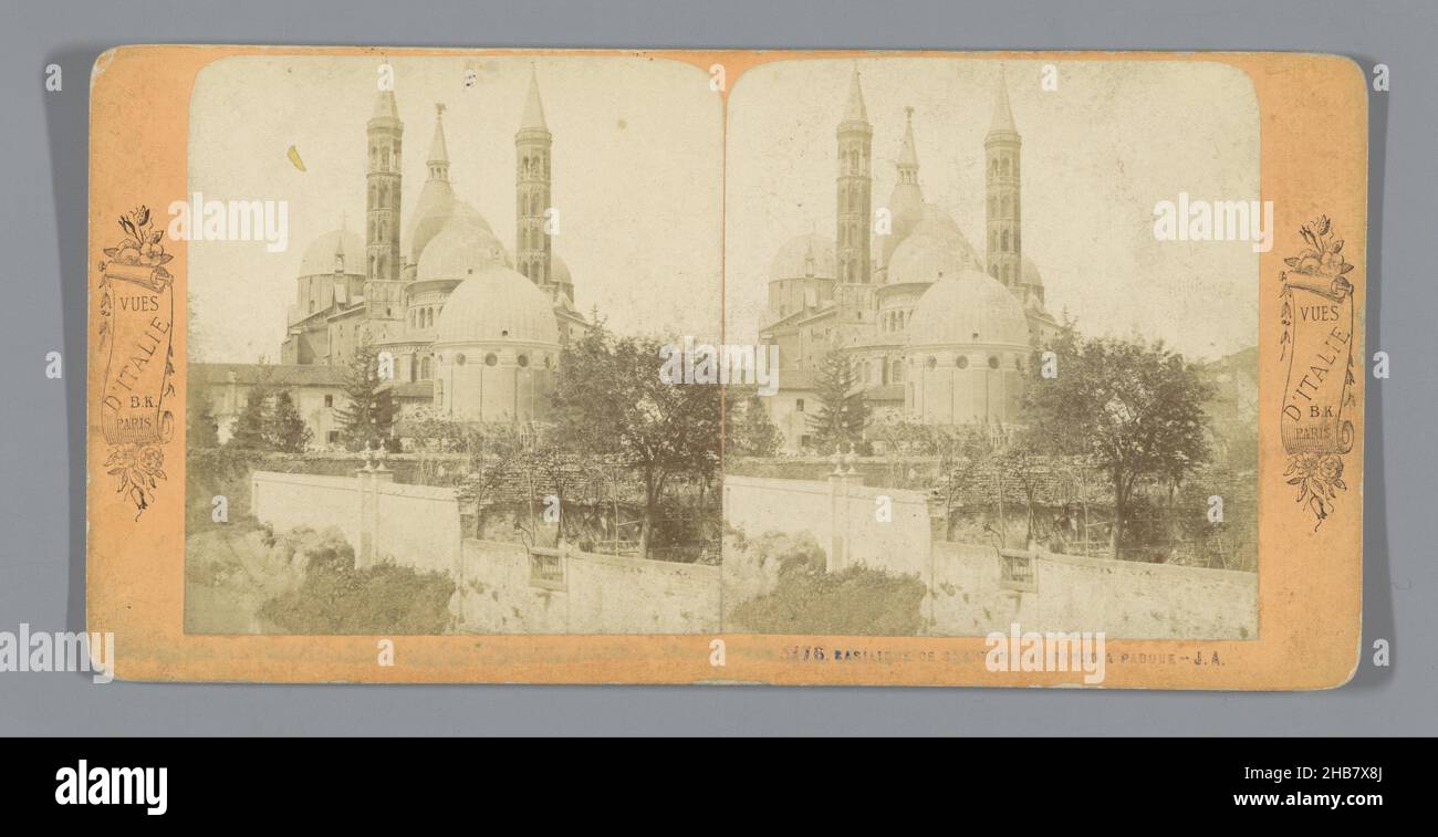 View of St Anthony's Basilica of Padua, Basilique de St Antonio il Santo a Padoue (title on object), Vues d'Italie (series title on object), Jean Andrieu (mentioned on object), publisher: Adolphe Block (mentioned on object), Padua, publisher: Paris, 1872 - 1876, cardboard, paper, albumen print, height 88 mm × width 176 mm Stock Photo