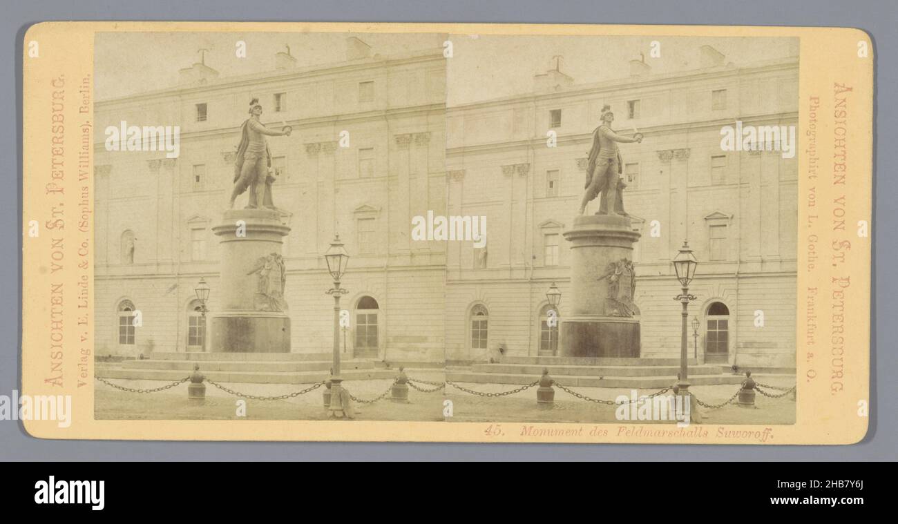 Monument to General Aleksandr Suvorov in St. Petersburg, Monument des Feldmarschalls Suworoff. (title on object), L. Gothe (mentioned on object), publisher: E. Linde & Co. (Sophus Williams) (mentioned on object), Sint-Petersburg, publisher: Berlin, c. 1850 - c. 1880, cardboard, albumen print, height 85 mm × width 170 mm Stock Photo
