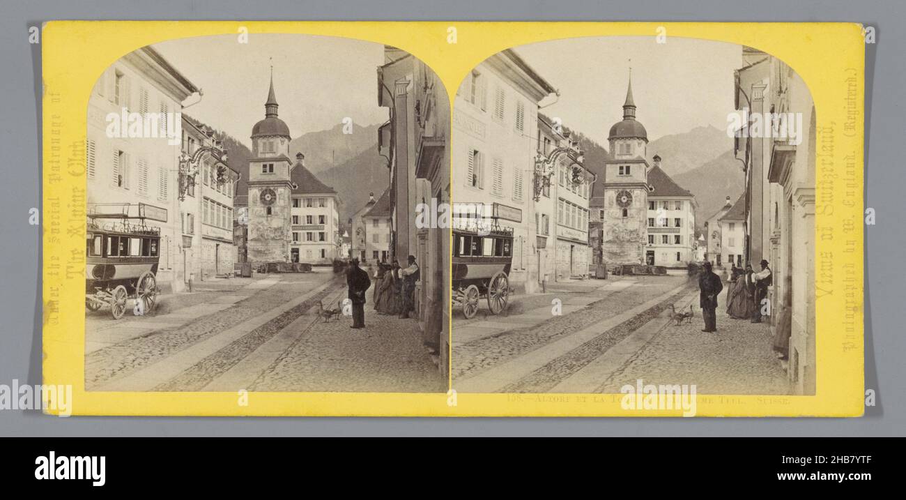 Street at Altdorf, with view of Wilhelm Tell's Tower, Altorf et la Tour de Guillaume Tell. Suisse. (title on object), William England (mentioned on object), Altdorf, c. 1850 - c. 1880, cardboard, albumen print, height 85 mm × width 170 mm Stock Photo