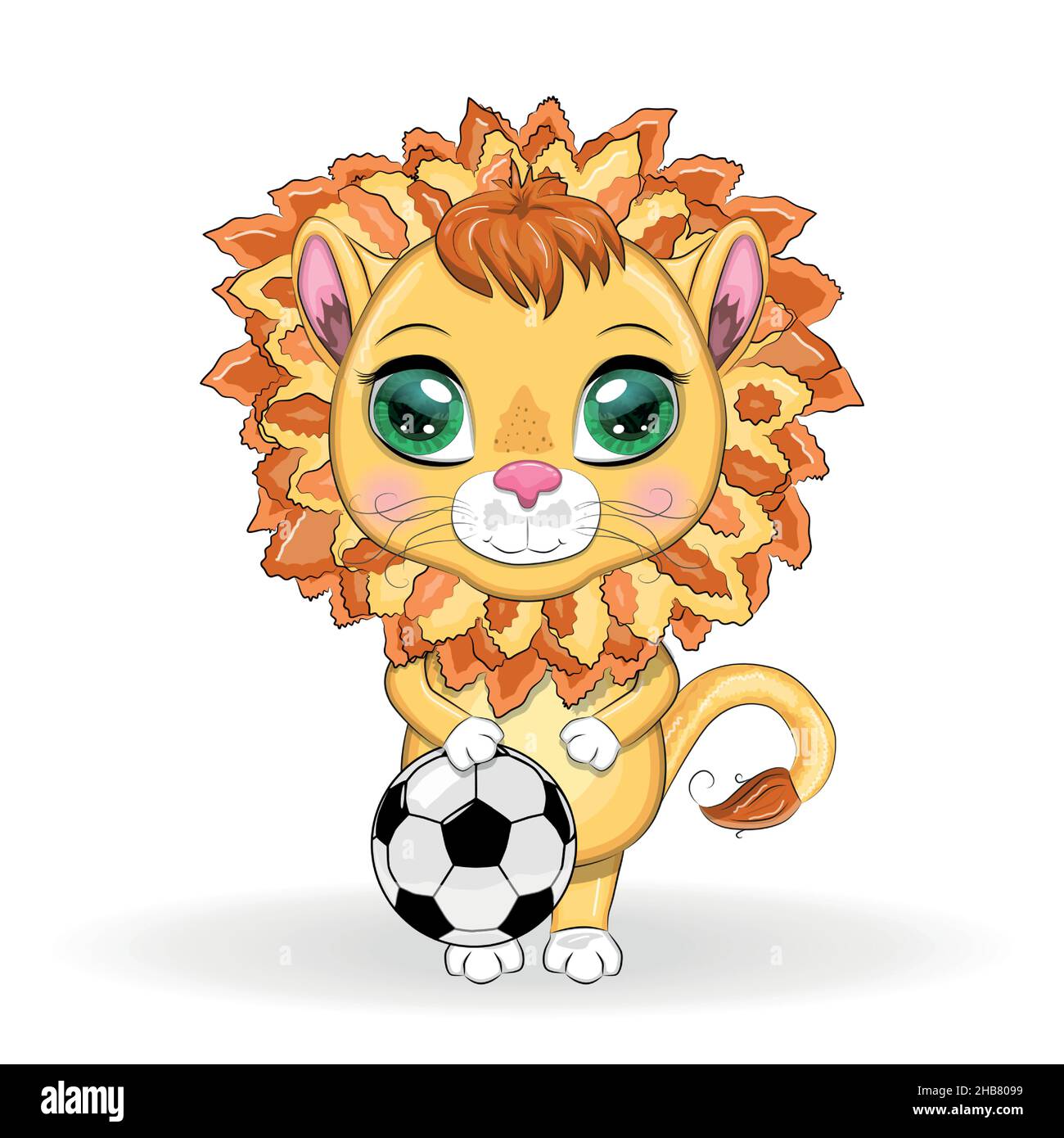 Cartoon lion with a soccer ball. Character with beautiful eyes ...