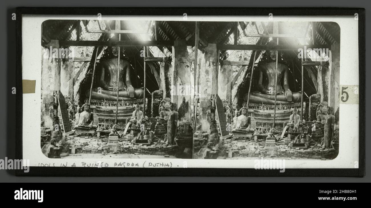 Statues in a ruined temple in Puthia, Bangladesh, Idols in a ruined Pagoda (Puthia) (title on object), anonymous, Bangladesh, 1860 - 1890, glass, slide, height 83 mm × width 172 mm Stock Photo