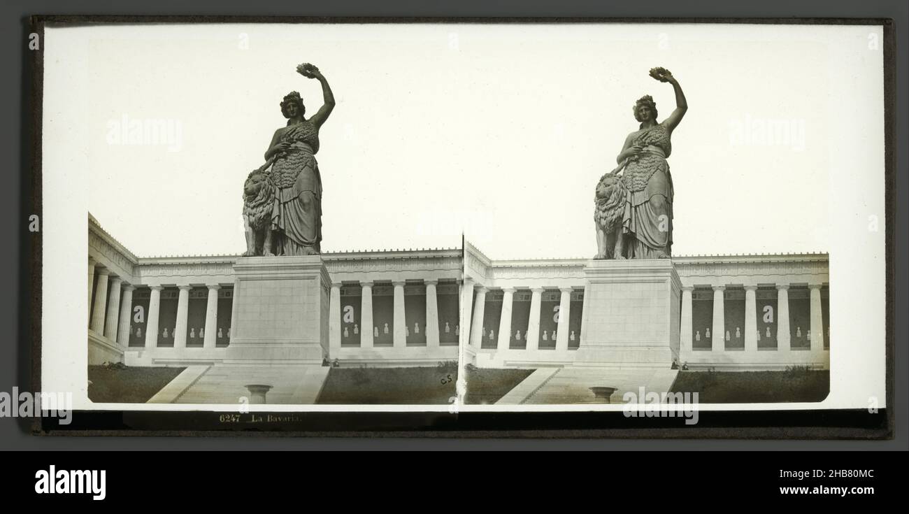 Statue of Bavaria in front of the Ruhmeshalle in Munich, La Bavaria (title on object), Ferrier Père-Fils et Soulier (attributed to), München, 1860 - 1890, glass, slide, height 85 mm × width 170 mm Stock Photo